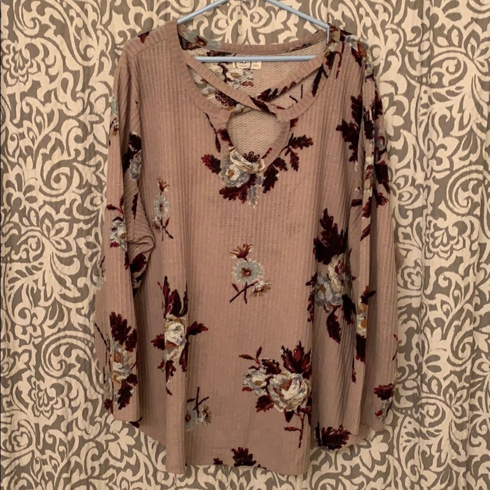 Waffle knit floral criss cross sweater